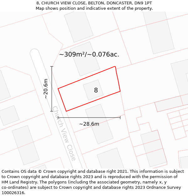 8, CHURCH VIEW CLOSE, BELTON, DONCASTER, DN9 1PT: Plot and title map