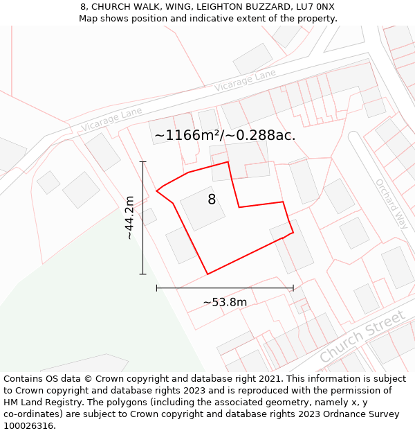 8, CHURCH WALK, WING, LEIGHTON BUZZARD, LU7 0NX: Plot and title map