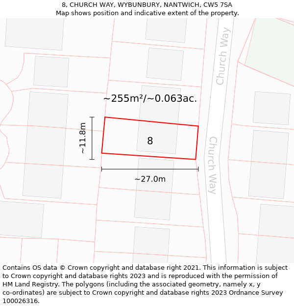 8, CHURCH WAY, WYBUNBURY, NANTWICH, CW5 7SA: Plot and title map