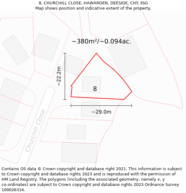 8, CHURCHILL CLOSE, HAWARDEN, DEESIDE, CH5 3SG: Plot and title map