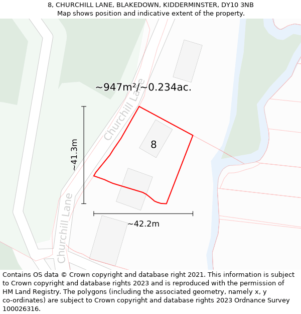 8, CHURCHILL LANE, BLAKEDOWN, KIDDERMINSTER, DY10 3NB: Plot and title map