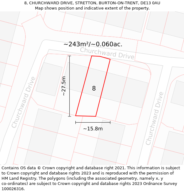 8, CHURCHWARD DRIVE, STRETTON, BURTON-ON-TRENT, DE13 0AU: Plot and title map