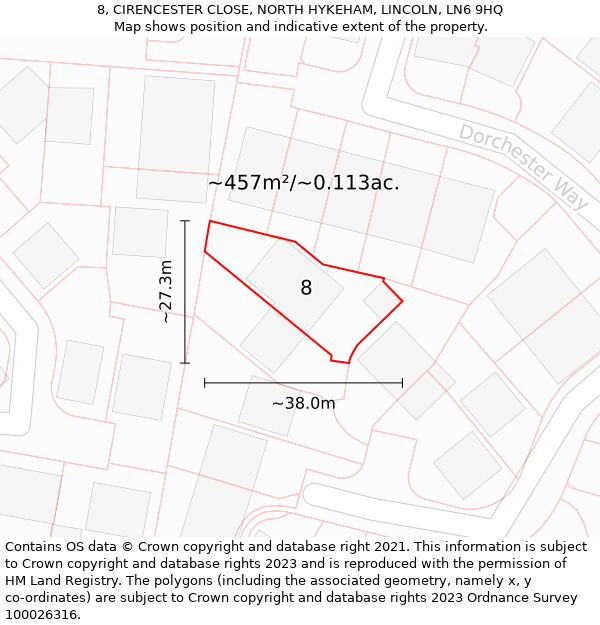 8, CIRENCESTER CLOSE, NORTH HYKEHAM, LINCOLN, LN6 9HQ: Plot and title map