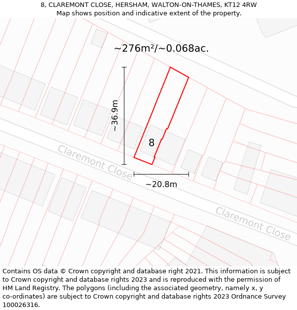 8, CLAREMONT CLOSE, HERSHAM, WALTON-ON-THAMES, KT12 4RW: Plot and title map