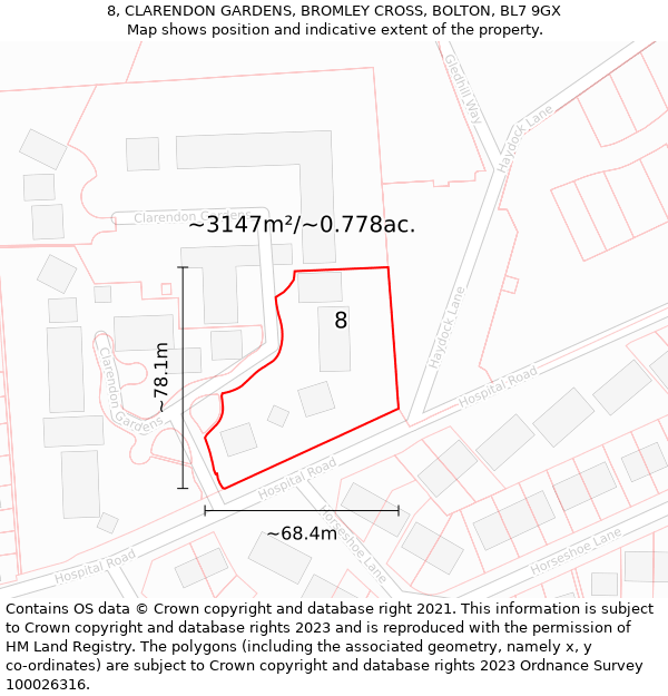 8, CLARENDON GARDENS, BROMLEY CROSS, BOLTON, BL7 9GX: Plot and title map