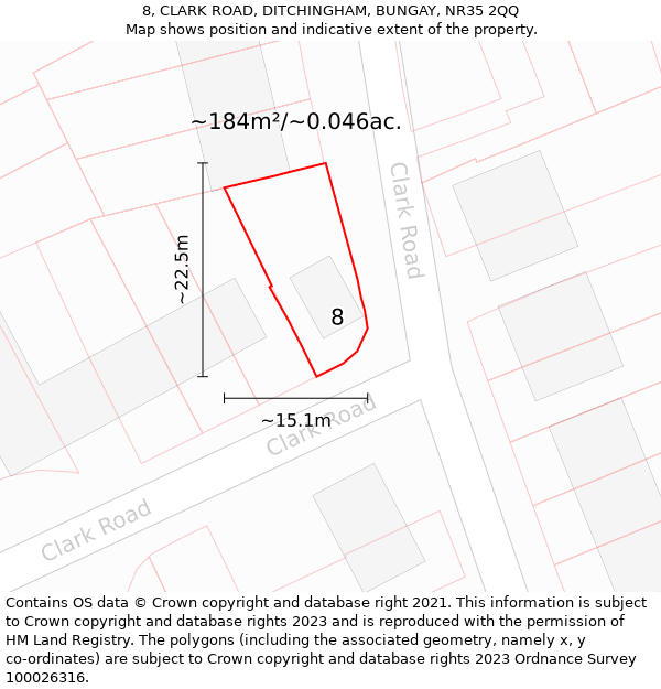 8, CLARK ROAD, DITCHINGHAM, BUNGAY, NR35 2QQ: Plot and title map