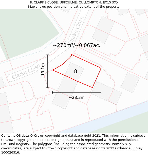 8, CLARKE CLOSE, UFFCULME, CULLOMPTON, EX15 3XX: Plot and title map