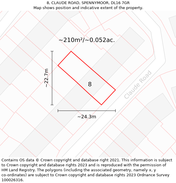 8, CLAUDE ROAD, SPENNYMOOR, DL16 7GR: Plot and title map