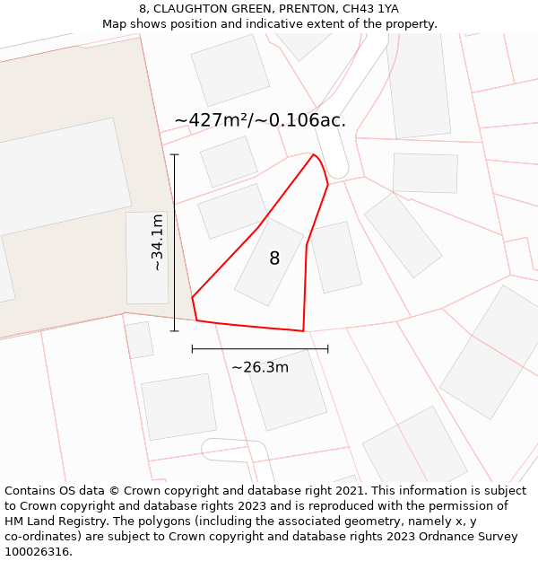 8, CLAUGHTON GREEN, PRENTON, CH43 1YA: Plot and title map