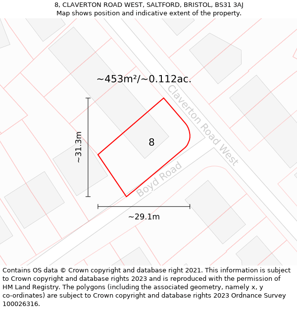 8, CLAVERTON ROAD WEST, SALTFORD, BRISTOL, BS31 3AJ: Plot and title map