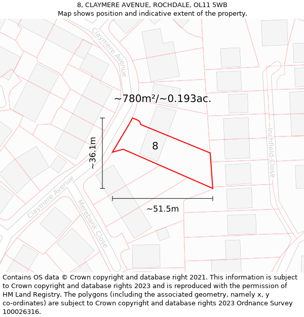 8, CLAYMERE AVENUE, ROCHDALE, OL11 5WB: Plot and title map