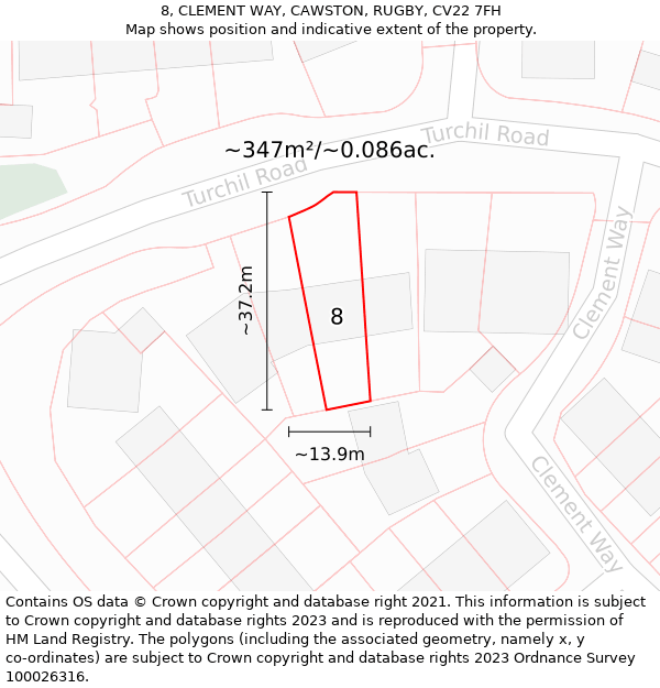 8, CLEMENT WAY, CAWSTON, RUGBY, CV22 7FH: Plot and title map