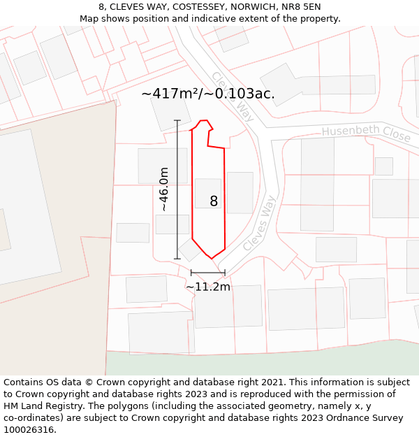 8, CLEVES WAY, COSTESSEY, NORWICH, NR8 5EN: Plot and title map