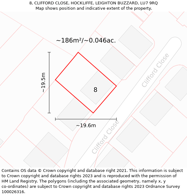 8, CLIFFORD CLOSE, HOCKLIFFE, LEIGHTON BUZZARD, LU7 9RQ: Plot and title map