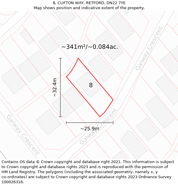 8, CLIFTON WAY, RETFORD, DN22 7YE: Plot and title map