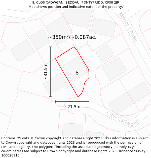 8, CLOS CADWGAN, BEDDAU, PONTYPRIDD, CF38 2JP: Plot and title map