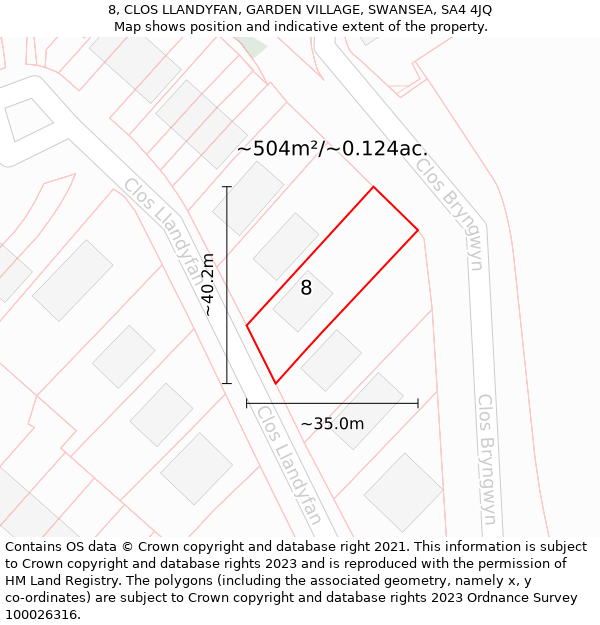 8, CLOS LLANDYFAN, GARDEN VILLAGE, SWANSEA, SA4 4JQ: Plot and title map