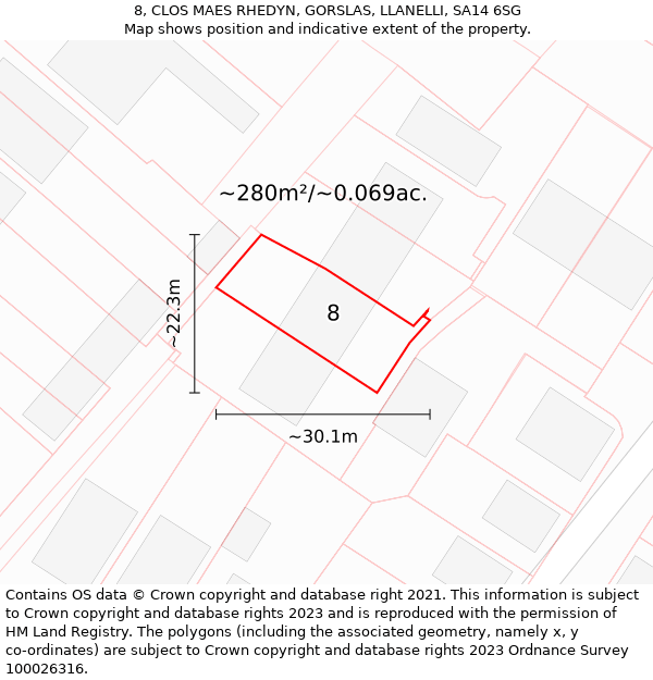 8, CLOS MAES RHEDYN, GORSLAS, LLANELLI, SA14 6SG: Plot and title map