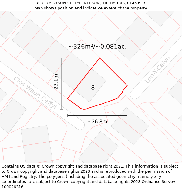 8, CLOS WAUN CEFFYL, NELSON, TREHARRIS, CF46 6LB: Plot and title map