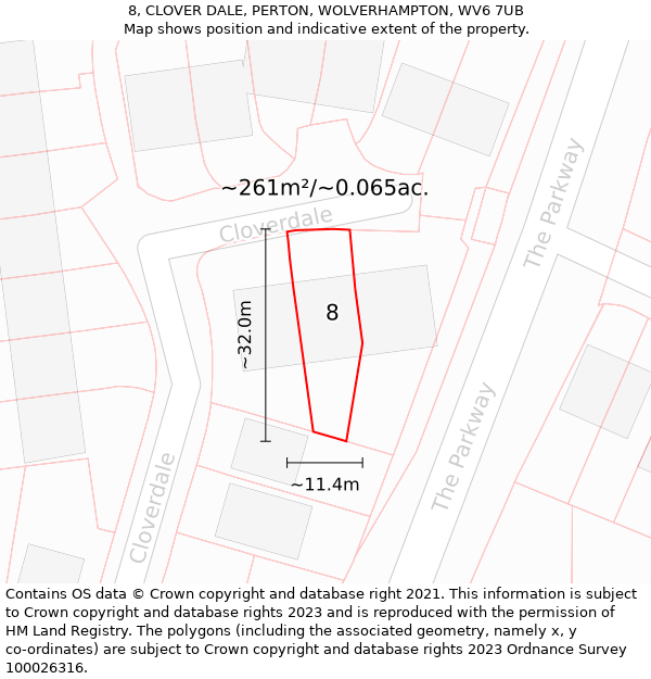 8, CLOVER DALE, PERTON, WOLVERHAMPTON, WV6 7UB: Plot and title map