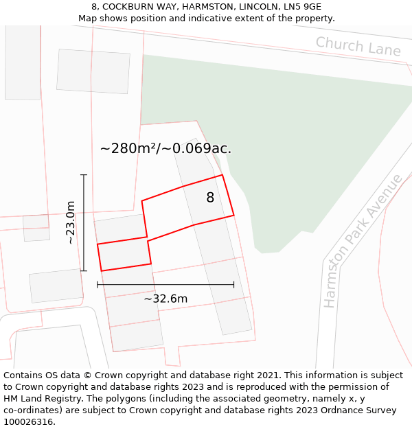 8, COCKBURN WAY, HARMSTON, LINCOLN, LN5 9GE: Plot and title map