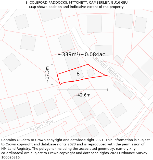 8, COLEFORD PADDOCKS, MYTCHETT, CAMBERLEY, GU16 6EU: Plot and title map