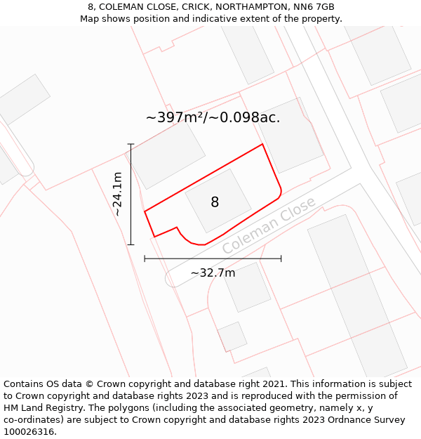 8, COLEMAN CLOSE, CRICK, NORTHAMPTON, NN6 7GB: Plot and title map