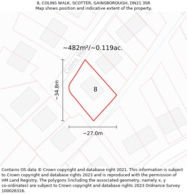 8, COLINS WALK, SCOTTER, GAINSBOROUGH, DN21 3SR: Plot and title map
