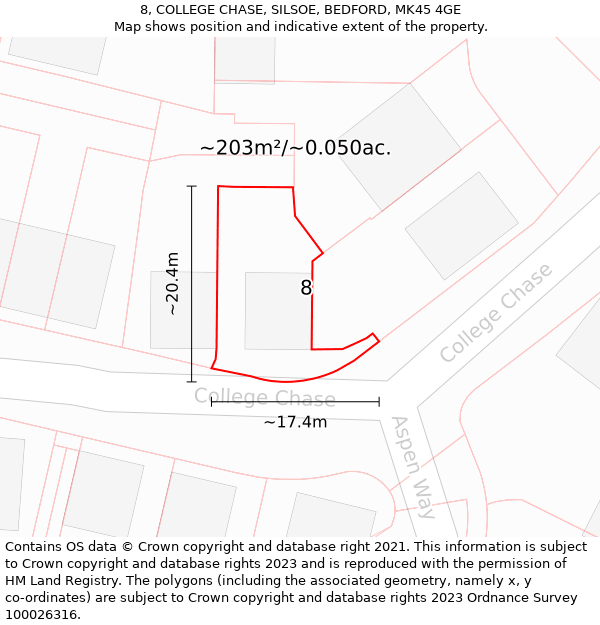 8, COLLEGE CHASE, SILSOE, BEDFORD, MK45 4GE: Plot and title map