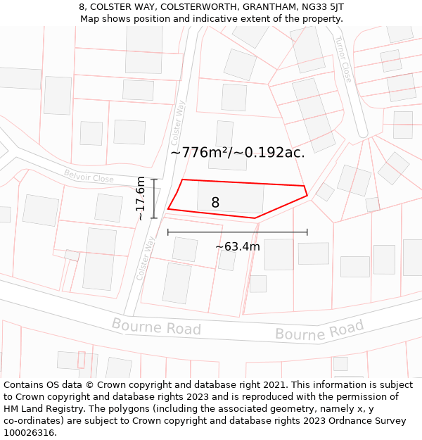 8, COLSTER WAY, COLSTERWORTH, GRANTHAM, NG33 5JT: Plot and title map