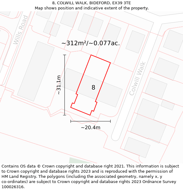 8, COLWILL WALK, BIDEFORD, EX39 3TE: Plot and title map