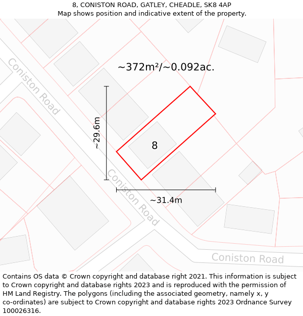 8, CONISTON ROAD, GATLEY, CHEADLE, SK8 4AP: Plot and title map