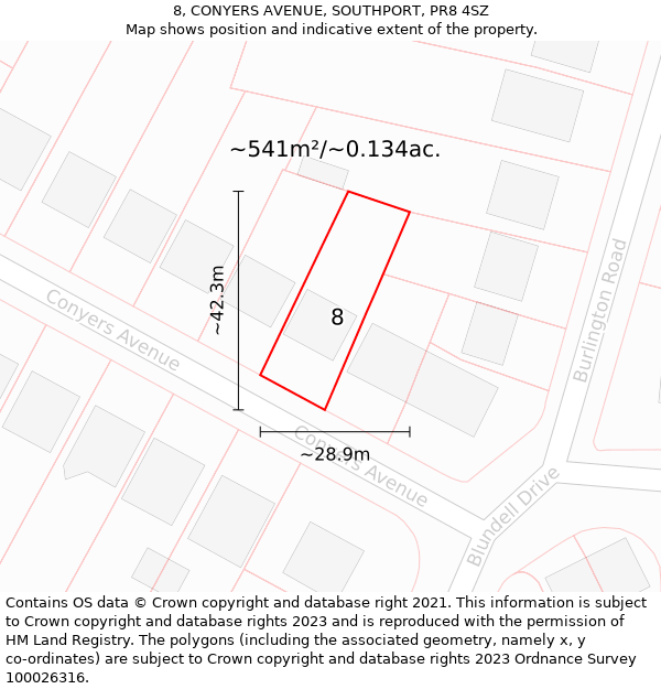 8, CONYERS AVENUE, SOUTHPORT, PR8 4SZ: Plot and title map