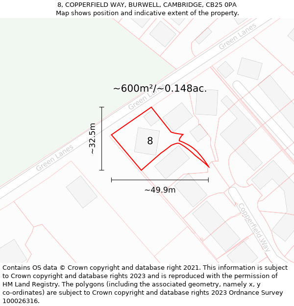 8, COPPERFIELD WAY, BURWELL, CAMBRIDGE, CB25 0PA: Plot and title map