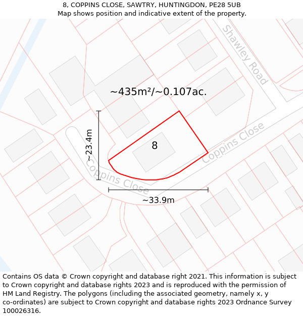 8, COPPINS CLOSE, SAWTRY, HUNTINGDON, PE28 5UB: Plot and title map