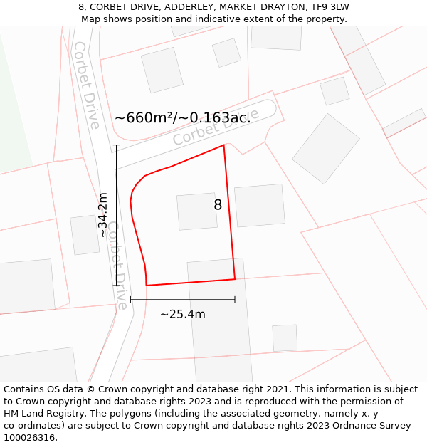 8, CORBET DRIVE, ADDERLEY, MARKET DRAYTON, TF9 3LW: Plot and title map