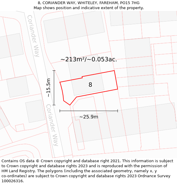 8, CORIANDER WAY, WHITELEY, FAREHAM, PO15 7HG: Plot and title map