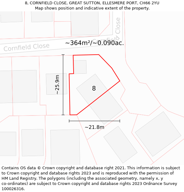 8, CORNFIELD CLOSE, GREAT SUTTON, ELLESMERE PORT, CH66 2YU: Plot and title map