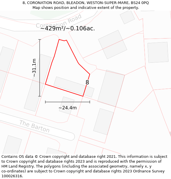 8, CORONATION ROAD, BLEADON, WESTON-SUPER-MARE, BS24 0PQ: Plot and title map