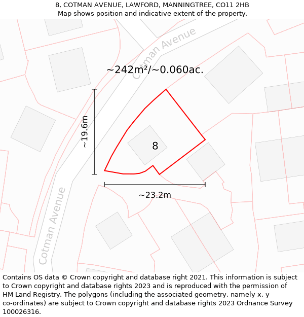 8, COTMAN AVENUE, LAWFORD, MANNINGTREE, CO11 2HB: Plot and title map