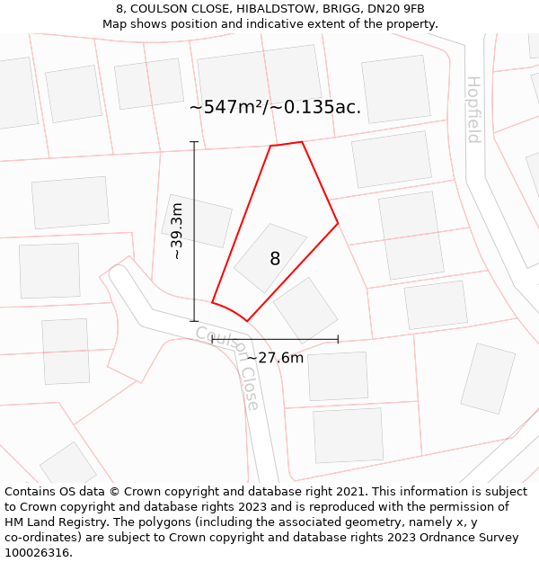 8, COULSON CLOSE, HIBALDSTOW, BRIGG, DN20 9FB: Plot and title map