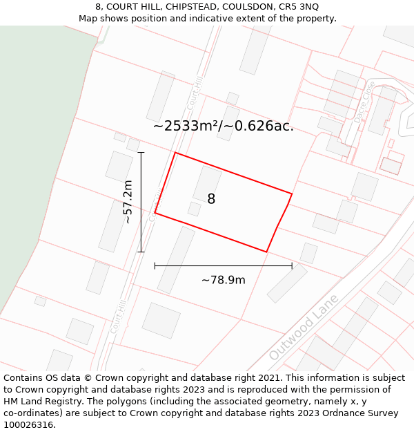 8, COURT HILL, CHIPSTEAD, COULSDON, CR5 3NQ: Plot and title map