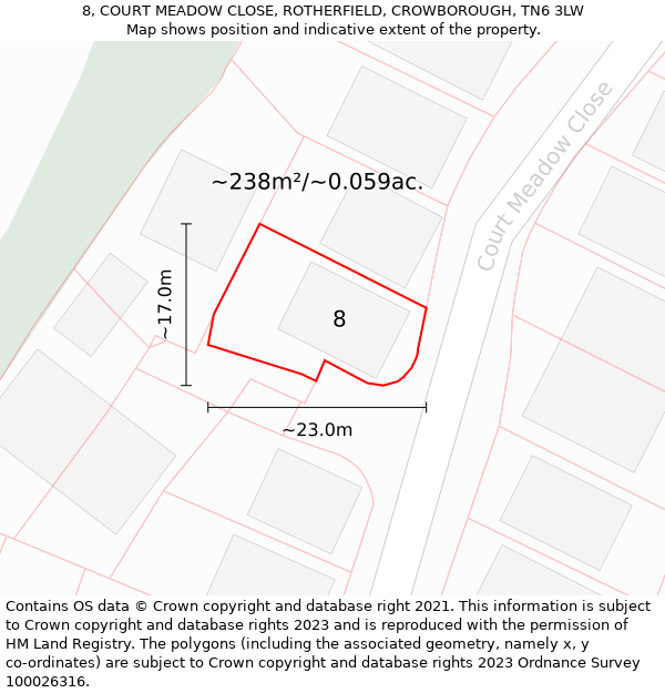 8, COURT MEADOW CLOSE, ROTHERFIELD, CROWBOROUGH, TN6 3LW: Plot and title map