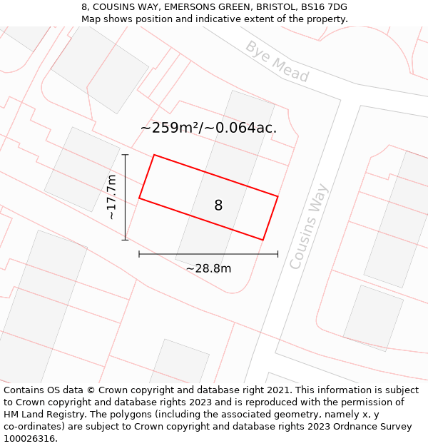 8, COUSINS WAY, EMERSONS GREEN, BRISTOL, BS16 7DG: Plot and title map