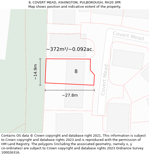 8, COVERT MEAD, ASHINGTON, PULBOROUGH, RH20 3PR: Plot and title map