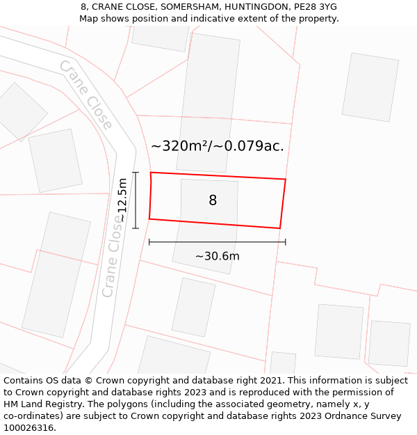 8, CRANE CLOSE, SOMERSHAM, HUNTINGDON, PE28 3YG: Plot and title map