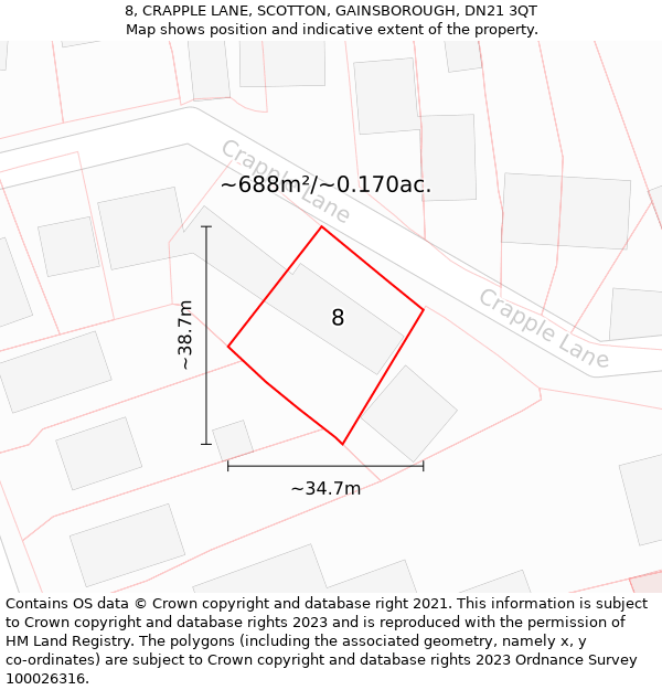 8, CRAPPLE LANE, SCOTTON, GAINSBOROUGH, DN21 3QT: Plot and title map