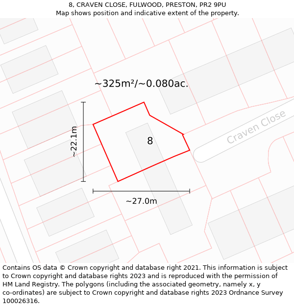 8, CRAVEN CLOSE, FULWOOD, PRESTON, PR2 9PU: Plot and title map