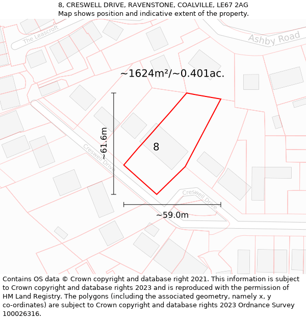 8, CRESWELL DRIVE, RAVENSTONE, COALVILLE, LE67 2AG: Plot and title map