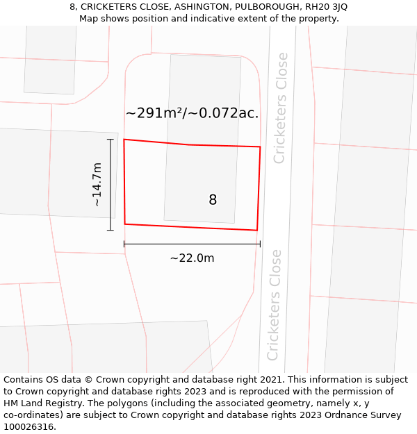 8, CRICKETERS CLOSE, ASHINGTON, PULBOROUGH, RH20 3JQ: Plot and title map